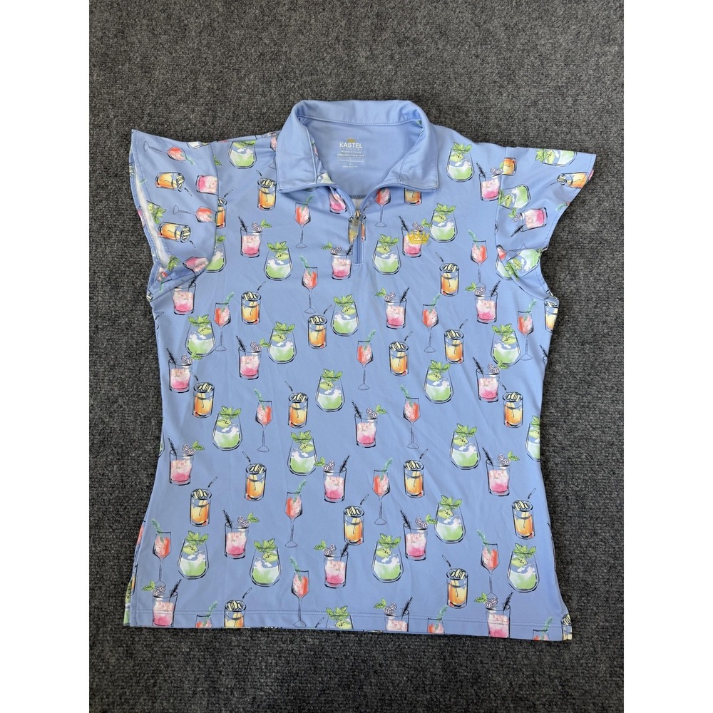 Kastel Denmark Shirt Womens Large Blue Cocktail 1/4 Zip Flutter Sleeve Golf